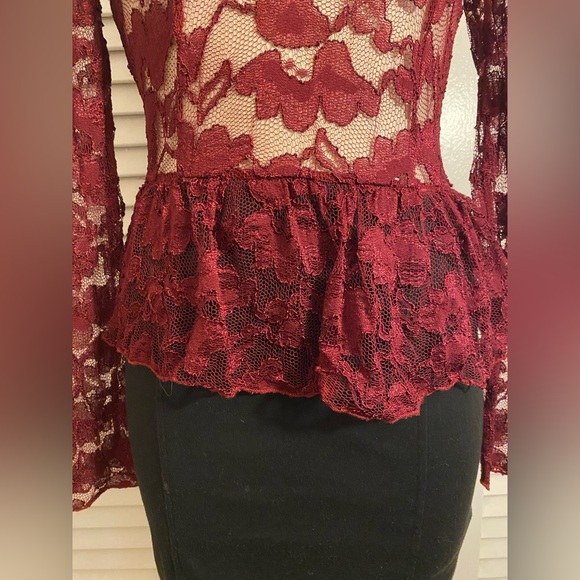 Forever 21 Burgundy Lace Long Sleeve mini Dress- Size M - Picture 3 of 7